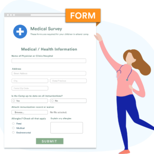 A medical form with a cartoon doctor next to it