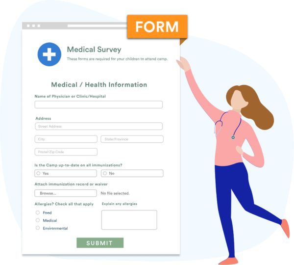 A medical form with a cartoon doctor next to it