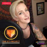 Picture of Janelle Marie Pierce, white femme with tattoos, the founder of STI project, and the website logo